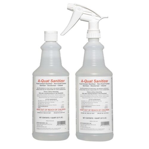 The A-Quat Sanitizer, a pack of two in a clear spray bottle with one extra.