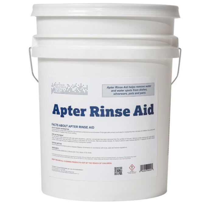 The Automatic Dishwasher Rinse Aid, which is in a large white bucket with blue text that says Apter Rinse Aid.