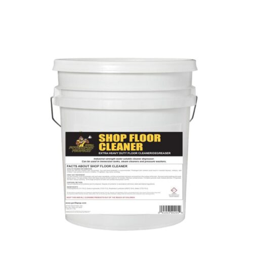 The Shop Floor Cleaner, which is in a large white bucket with blue text that says Shop Floor Cleaner.